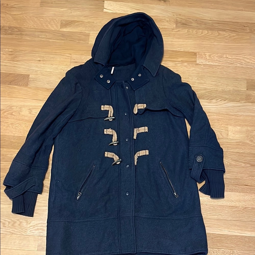 Free People wool toggle jacket hooded coat full zip blue women’s medium